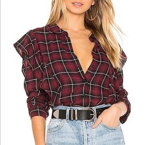 BCBGeneration Wine Colored plaid ruffle top